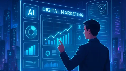 A futuristic cityscape with glowing AI interfaces, a person confidently navigating a complex digital marketing dashboard, representing efficiency and business growth through AI.