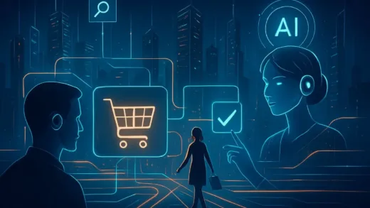 A futuristic cityscape with glowing lines representing AI's influence on commerce and search, showcasing a smooth, automated customer journey with AI agents guiding purchases.