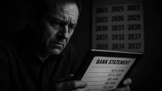 A concerned middle-aged man looking at his bank statement on a tablet, showing rapidly decreasing numbers, with a calendar in the background showing years passing quickly, dark and worrisome atmosphere, realistic style, high contrast lighting