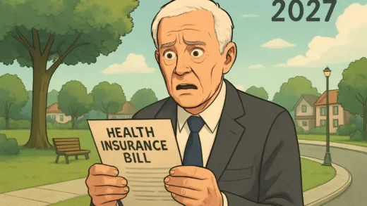 A serene suburban town in 2027, an elderly man in a suit looks shocked and confused while holding a health insurance bill, a peaceful park in the background.