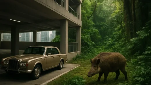 A surreal image of a luxurious, modern high-rise parking garage with a vintage luxury car, juxtaposed with a lush, untamed jungle where a wild boar roams freely, symbolizing the extreme contrasts of Hong Kong's urban and natural environments.