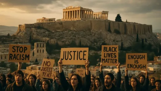 A wide shot of Athens, Greece, showing ancient ruins like the Parthenon in the background, but with modern protestors holding signs in the foreground. The contrast between historic beauty and contemporary social unrest. Cinematic lighting, realistic detail.