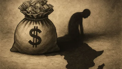 A thought-provoking image showing a paradox: a large, overflowing money bag casting a shadow of poverty and despair over a map of Africa. The atmosphere is serious and a bit melancholic, symbolizing the unintended consequences of aid.