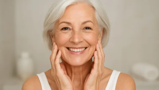 A confident, youthful-looking senior woman with radiant skin, smiling warmly. Her hands are gently touching her face. The background is soft and clean, suggesting a bathroom or spa setting.