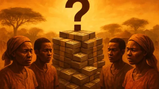 A paradox in the heart of Africa, a large amount of money flowing into a continent with a question mark on top, symbolizing aid, while local people look on with mixed feelings. Warm colors, focus on human element. High contrast, realistic style.