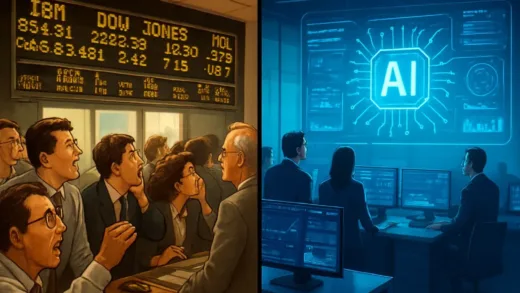 A split-screen image showing 1990s internet stock market frenzy on left side with people watching stock tickers and 2020s AI technology investment scene on right side with holographic AI interfaces and modern trading desks, contrasting historical patterns
