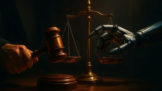 A symbolic courtroom scene where a human judge's gavel and a robotic hand are reaching for the same scale of justice, cinematic lighting, digital illustration