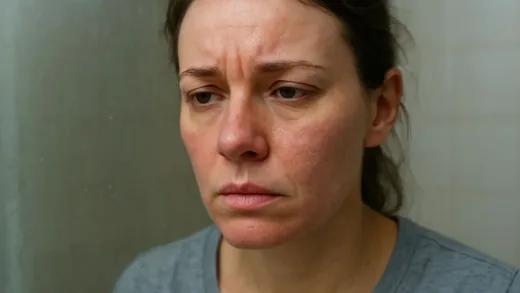 A close-up shot of a woman's face showing signs of dry, irritated skin with visible fine lines, subtly red patches, and flakiness, set against a bathroom mirror with steam. The overall mood is concerned and slightly distressed, emphasizing the negative effects of harsh cleansing, in a realistic and natural lighting.