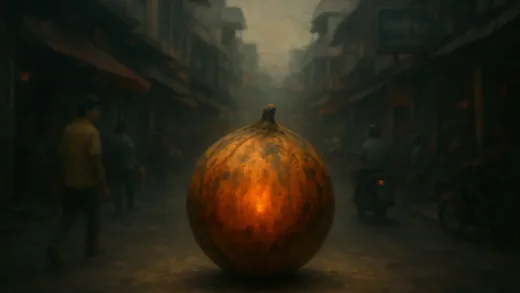 A mysterious, slightly ominous image of a betel nut, with a subtle glow, set against a backdrop of bustling Southeast Asian street life, hinting at both its commonality and hidden danger.
