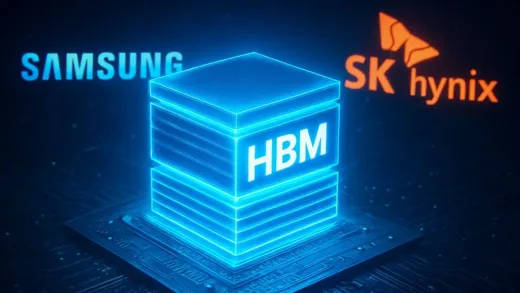 A futuristic, glowing HBM stack with Samsung and SK Hynix logos in the background, symbolizing intense competition for market dominance in the AI era.