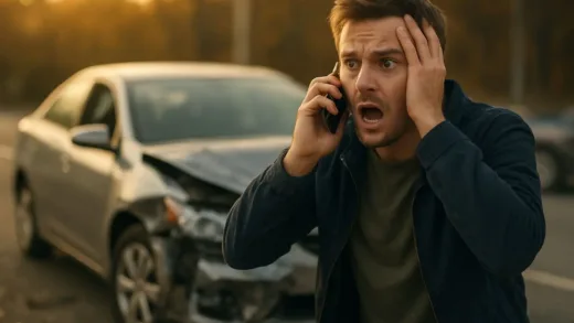 A person looking shocked and overwhelmed after a minor car accident, holding a phone to their ear, with a damaged car in the background. The scene is slightly chaotic but eventually calming, focusing on initial distress and subsequent clear-headed action. Detailed, realistic, cinematic lighting.