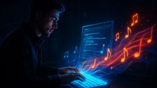A futuristic digital artist typing text into a glowing interface, with musical notes and sound waves emanating from the keyboard, creating a vibrant symphony of light and music in a dark studio, cinematic lighting, hyper-realistic.