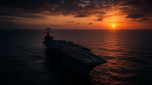 A dramatic aerial view of a US aircraft carrier sailing alone on vast ocean at sunset, symbolizing American global military presence, with fading light representing changing world order, photorealistic style, cinematic lighting