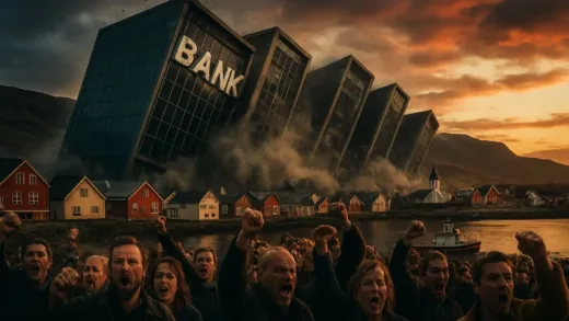 A dramatic scene of Iceland's modern bank buildings collapsing like dominoes against a backdrop of traditional Icelandic fishing village, with angry citizens protesting in the foreground, cinematic lighting, hyper-realistic detail, 4K resolution