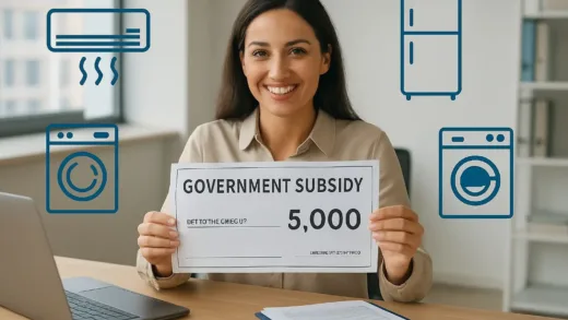 A small business owner happily receiving a government subsidy check for energy-efficient appliances, with icons of air conditioner, refrigerator, washing machine, and dryer floating around. Modern office setting with computer and documents.