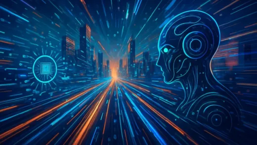 A futuristic, fast-moving digital cityscape representing rapid AI evolution, with data streams and abstract robotic elements, vibrant and dynamic.