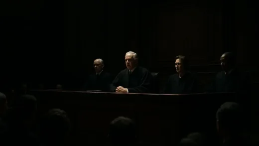 A solemn courtroom scene with judges in black robes presiding over a historic trial, dramatic lighting emphasizing the gravity of the legal proceeding, photorealistic style with deep shadows and focused illumination on the judge's bench