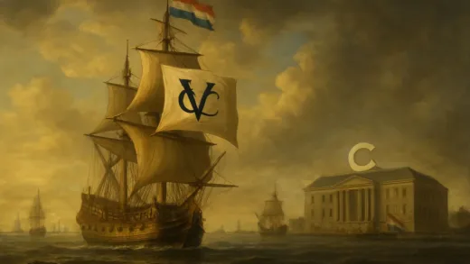 A captivating visual representation of the Dutch East India Company's power, showing a blend of historical ships with modern corporate symbols, implying a company that wielded national authority. The mood is grand and historical, with a touch of modern corporate influence.