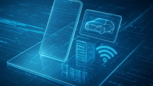 A conceptual image showing transparent glass layers forming the foundation of digital life - smartphone screens, car displays, data center fibers, and internet connectivity all emerging from a single glass pane. The background shows abstract digital data streams flowing through glass surfaces. Ultra-modern, clean, technological aesthetic with blue and white light accents.