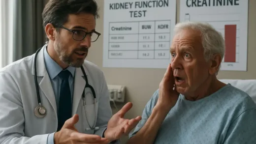A dramatic hospital scene showing a doctor explaining kidney test results to a shocked elderly patient, with medical charts showing high creatinine levels in the background, realistic photorealistic style