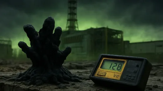 A mysterious black fungus growing on the concrete ruins of the Chernobyl nuclear power plant, with Geiger counter showing high radiation levels, eerie green glow in the background, hyperrealistic photography, dramatic lighting, scientific discovery atmosphere