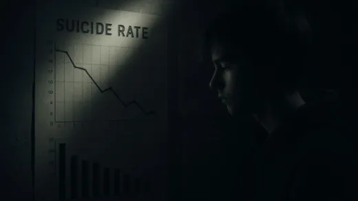 A somber, conceptual image of a young person looking at statistical charts showing suicide rates, with dark shadows and a single ray of light. The atmosphere should be melancholic yet thought-provoking, showing the contrast between data and human emotion.