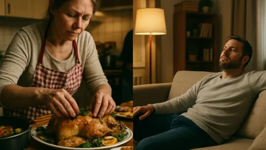 A split image showing a woman with tired, rough hands meticulously preparing an elaborate meal, contrasted with a man relaxing in a living room, suggesting unequal division of labor during traditional holidays. The kitchen is busy, the living room is calm.