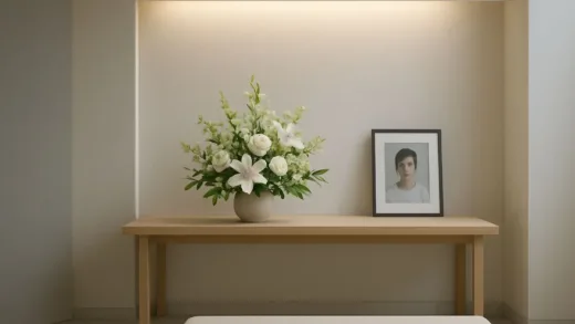 A modern minimalist funeral setting with a single flower arrangement and a portrait, representing the simplicity of no-wake funeral, soft lighting, serene atmosphere, contemporary design elements