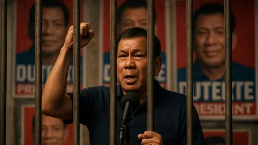 A dramatic political scene showing Rodrigo Duterte behind bars but giving a victory speech, with campaign posters visible in the background, symbolizing his unexpected electoral success from prison