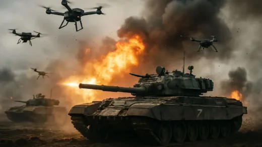 A dramatic battlefield scene showing small drones attacking expensive Russian military tanks and armored vehicles, with explosions in the background, cinematic lighting, hyperrealistic detail, war photography style, 4K resolution
