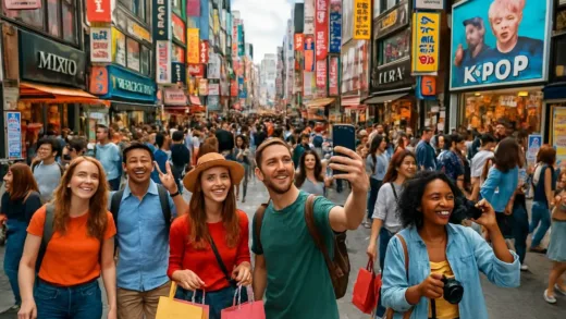 A vibrant aerial view of Seoul's Myeongdong shopping district filled with international tourists from various countries, holding shopping bags and taking photos, with colorful Korean signage and Hallyu K-pop posters visible in the background, dynamic daytime scene