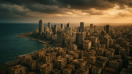 Aerial view of Beirut, Lebanon with modern buildings and Mediterranean Sea in background, showing contrast between beauty and economic crisis, dramatic lighting, photorealistic style