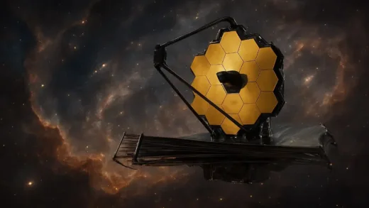 A majestic view of the James Webb Space Telescope floating in deep space, capturing distant galaxies with its golden hexagonal mirrors, surrounded by swirling cosmic dust and nebulae, ultra-detailed, photorealistic, cinematic lighting