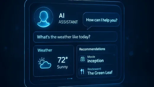 Futuristic AI assistant interface with voice interaction, showing natural language queries and personalized recommendations in a sleek, modern dashboard design with floating holographic elements