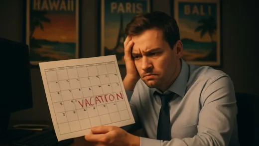 A frustrated office worker looking at a calendar with vacation days marked, with travel destination posters in the background, cinematic lighting, professional photography style