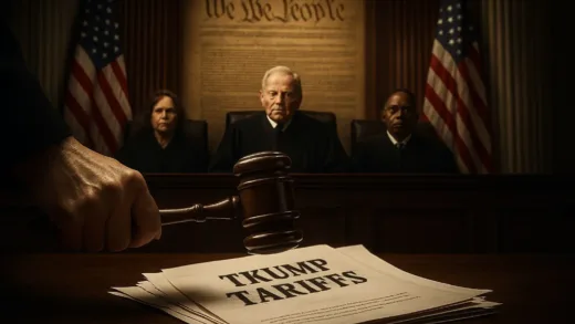 A dramatic courtroom scene at the U.S. Supreme Court with judges in black robes, symbolic gavel striking down on documents labeled 'Trump Tariffs', with constitutional scrolls in the background and American flags, photorealistic style, dramatic lighting