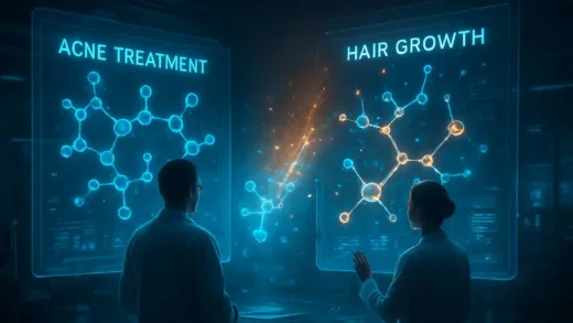 A futuristic laboratory scene showing molecular structures transforming from acne treatment molecules to hair growth molecules, with scientists observing data on holographic screens, dramatic lighting emphasizing transformation and innovation