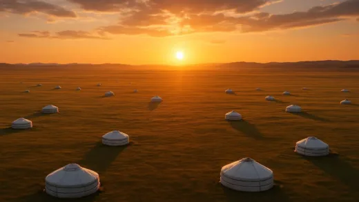 Aerial view of Mongolia's vast grasslands with traditional yurts (gers) scattered across the landscape, showing the immense open spaces between Russia and China, cinematic lighting, realistic style, 4K resolution, wide angle shot, beautiful sunset with golden hour glow over the steppe.