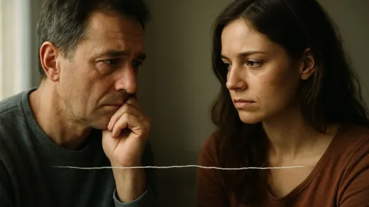 A thoughtful middle-aged parent looking at their adult child with mixed emotions, symbolic line drawn between them representing boundaries, soft natural lighting, emotional depth, realistic photo style