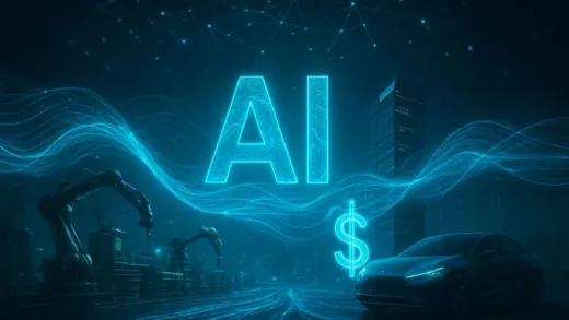 Futuristic concept of AI revolution, showing digital waves transforming traditional industries like manufacturing, finance, and automotive, with neural network connections overlaying the scene, cinematic lighting, hyperrealistic detail.
