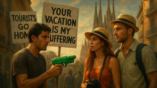 A symbolic scene in Barcelona showing a local resident with a water pistol looking at tourist couple, with protest signs saying 'Your vacation is my suffering' in background, artistic illustration showing conflict between tourism and local life, dramatic lighting, photorealistic style