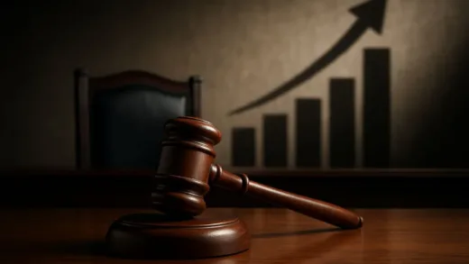 A dramatic courtroom scene with gavel on judge's bench, symbolizing Supreme Court decision, with shadows of rising tariffs in the background, photorealistic style