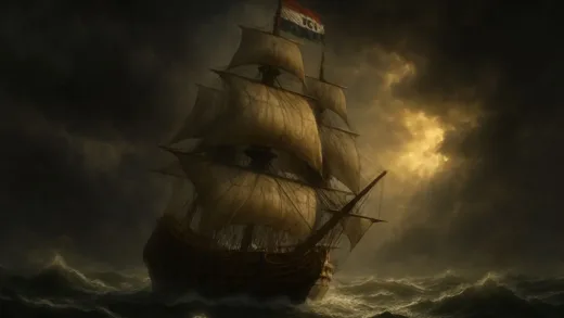 A majestic 17th century Dutch East India Company ship sailing through stormy seas, with the company flag flying high, dramatic lighting, hyper-realistic details of wooden ship structure and billowing sails, cinematic composition, dark atmosphere with golden sunlight breaking through clouds
