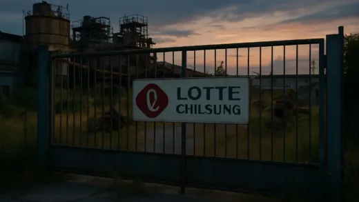 A closed factory gate with the Lotte Chilsung logo in Gwangju, South Korea, showing abandoned industrial equipment with overgrown weeds, symbolizing the end of a 42-year era, dusk lighting with melancholic atmosphere