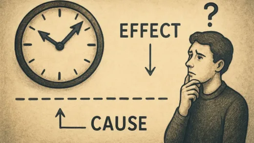 A thought-provoking conceptual illustration showing a clock with arrows pointing backwards, a person looking confused at a timeline where effects appear before causes, in a surreal scientific style