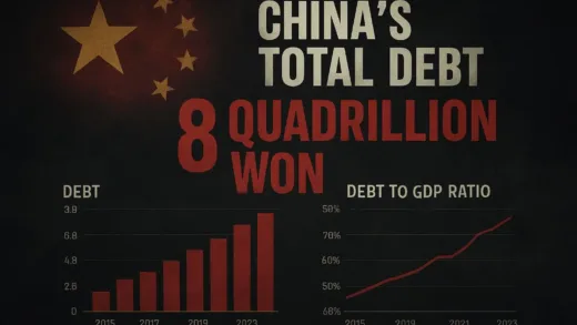 A dramatic infographic showing China's total debt reaching 8 quadrillion won, with charts comparing debt to GDP ratio, realistic financial data visualization, dark moody atmosphere