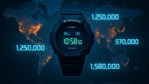 A global map showing Casio watch sales data with glowing dots representing sales locations worldwide, with a Casio G-Shock watch prominently displayed in the center, digital sales numbers floating around it in a futuristic style.