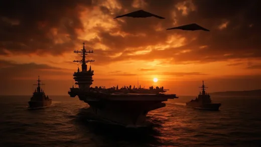 Dramatic scene of a US aircraft carrier battle group sailing through the Strait of Hormuz at sunset, with stealth bombers flying overhead, cinematic lighting, geopolitical tension