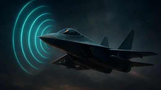 A futuristic fighter jet with visible radar waves emanating from its nose, highlighting the importance of radar technology in modern aerial combat, digital art style, cinematic lighting