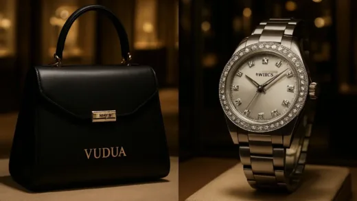 A split screen image showing on the left side: a luxurious handbag with the fictional brand 'Vudua' from a Netflix drama, and on the right side: an elegant counterfeit Swiss watch with diamonds, both displayed in high-end boutique settings with dramatic lighting